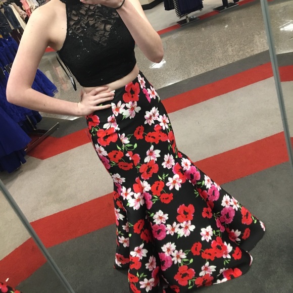 two piece black floral prom dress